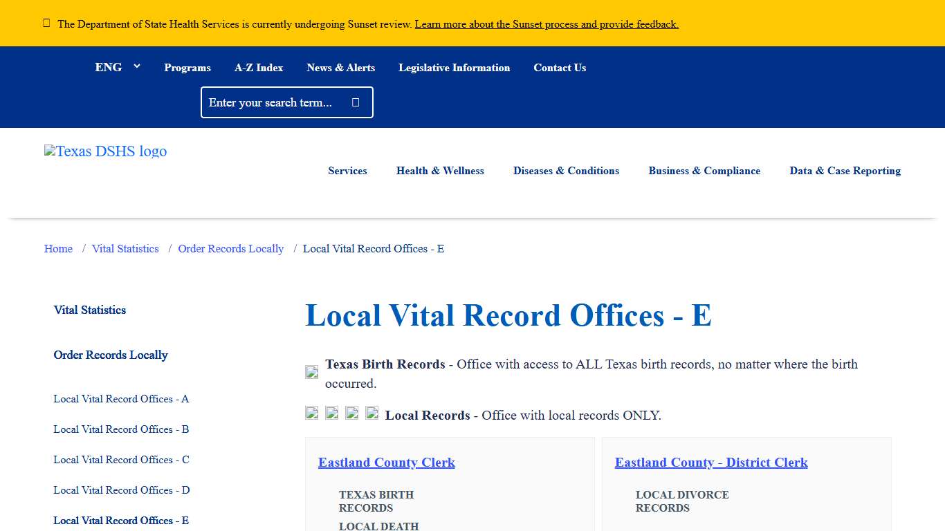 Local Vital Record Offices - E | Texas DSHS